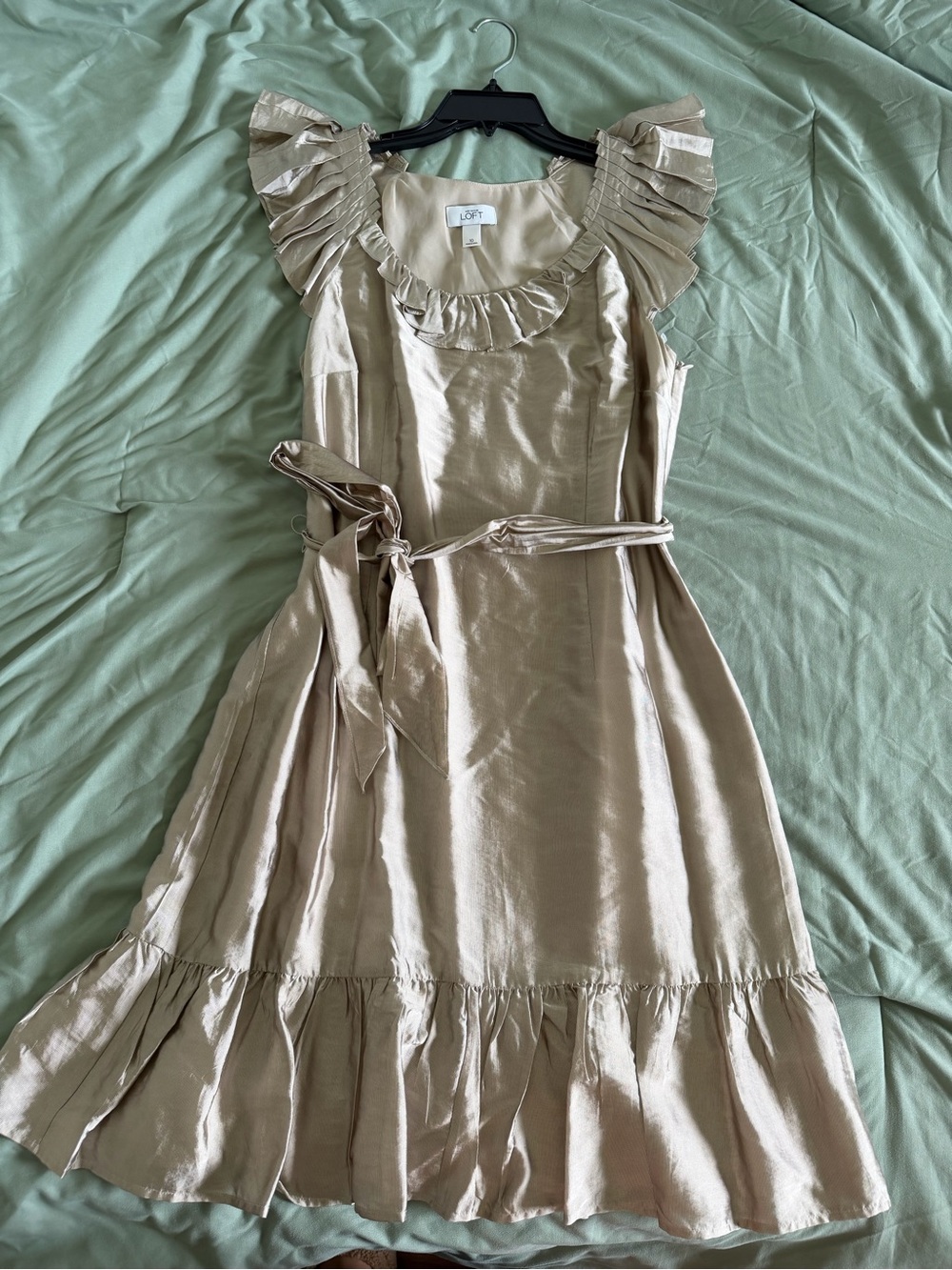 LOFT Light Taupe Ruffle-Trim Midi Dress with Waist Tie